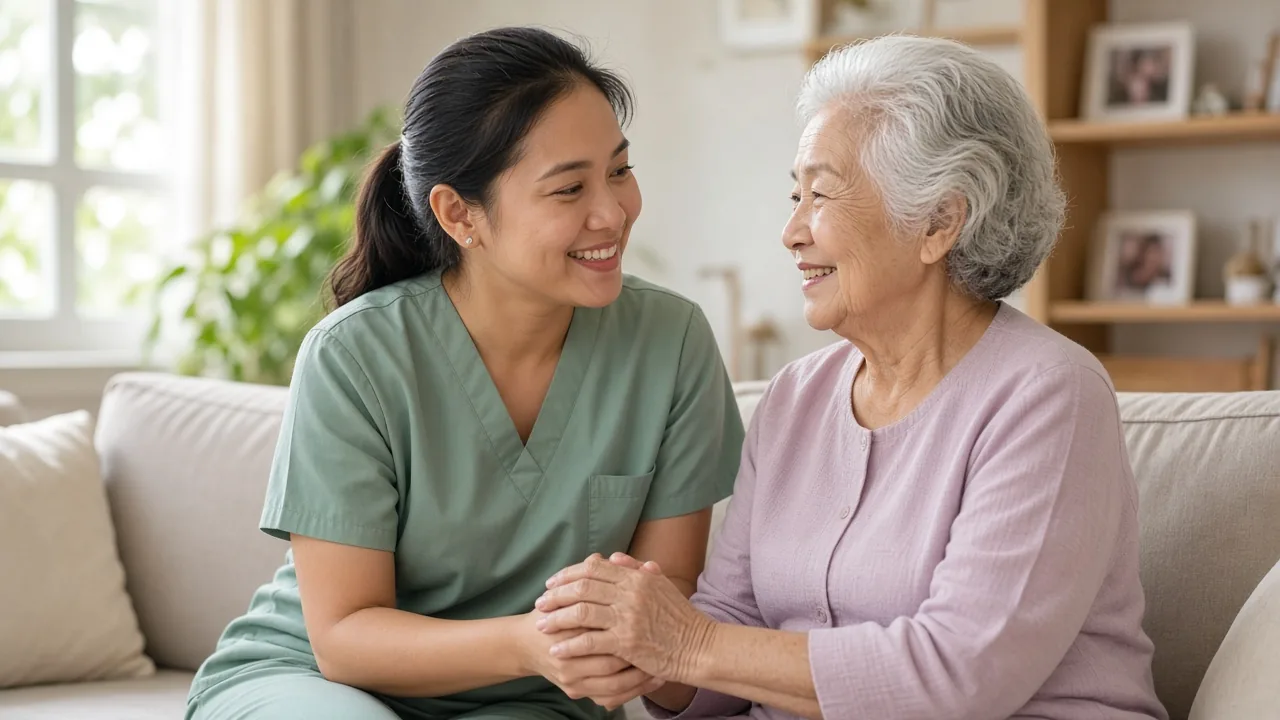 Caregiver in sage scrubs holding hands with a smiling older woman on a living room sofa