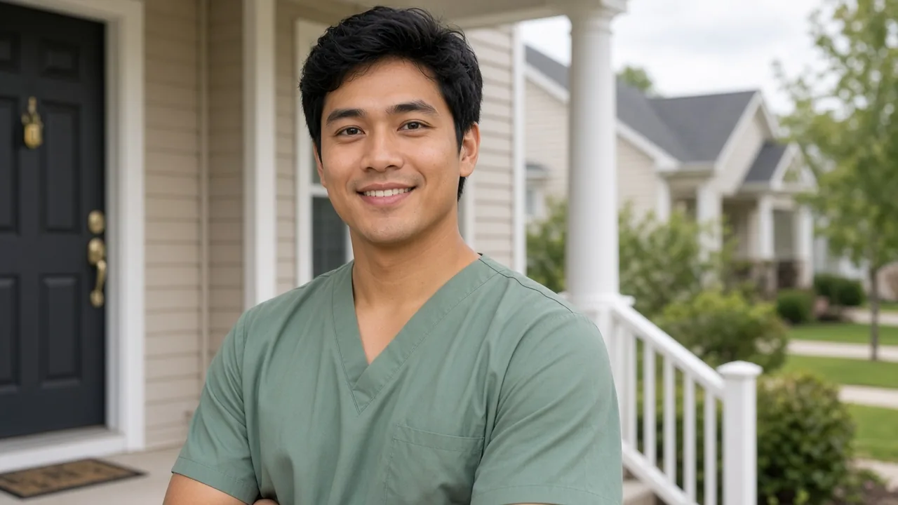 Smiling male caregiver in sage scrubs standing on the front porch of a suburban home