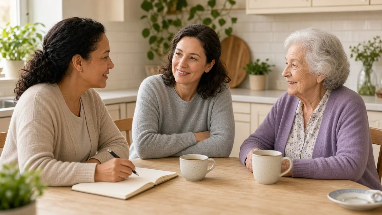 Care team member taking notes at a kitchen table while talking with an older woman and a family member over coffee