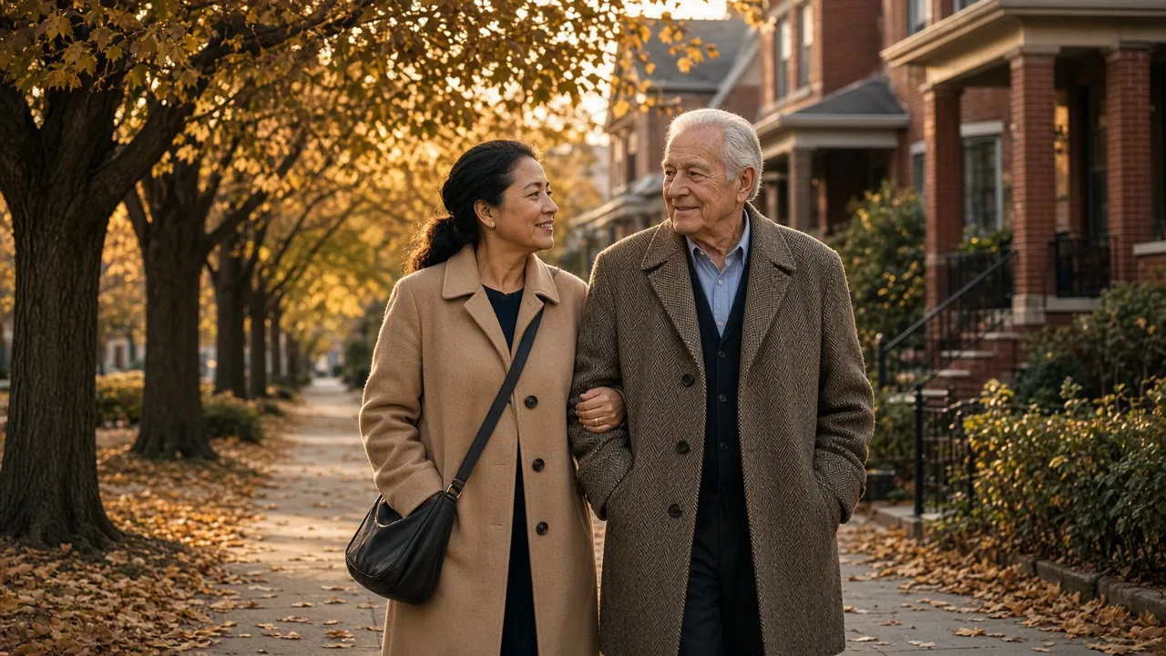 Caregiver walking arm in arm with an older man along a tree-lined suburban sidewalk in autumn
