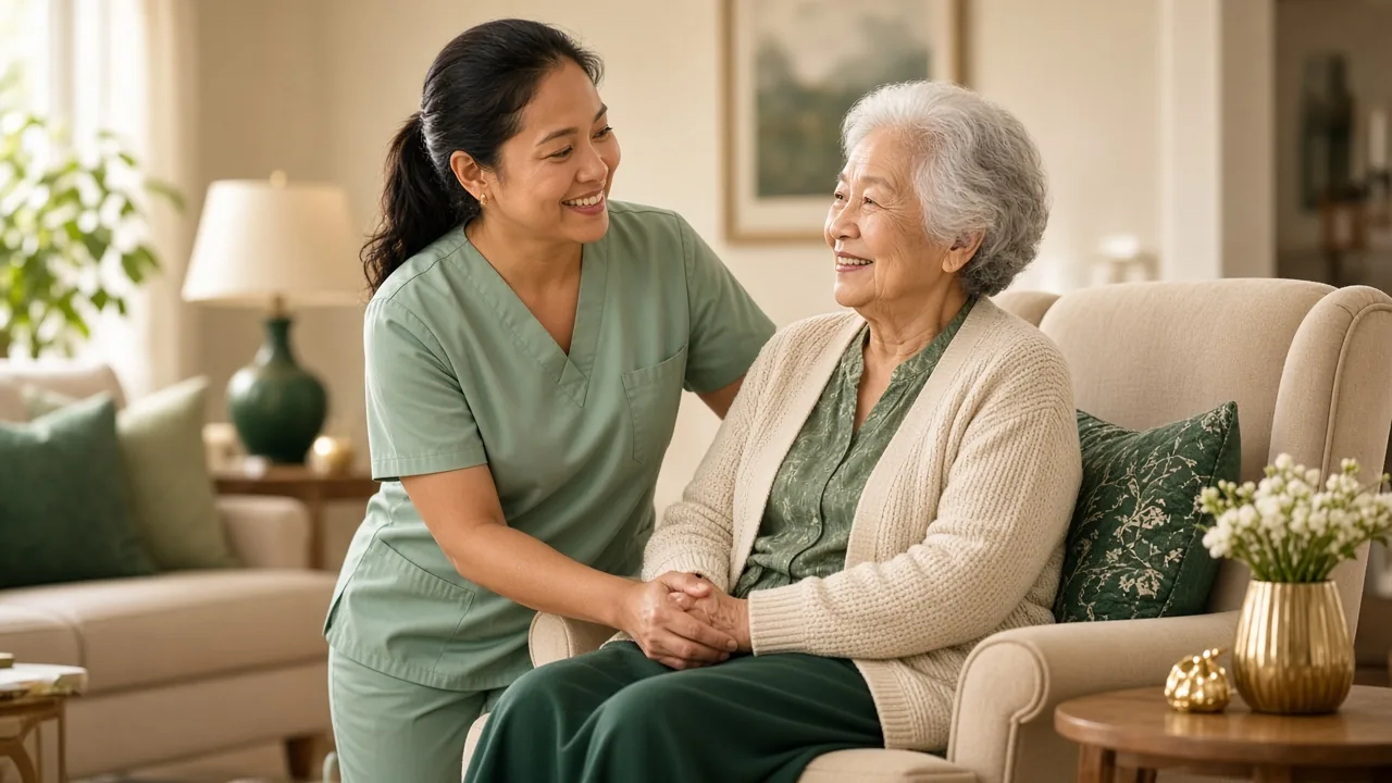 Caregiver in sage scrubs holding hands with a smiling older woman on her living room sofa
