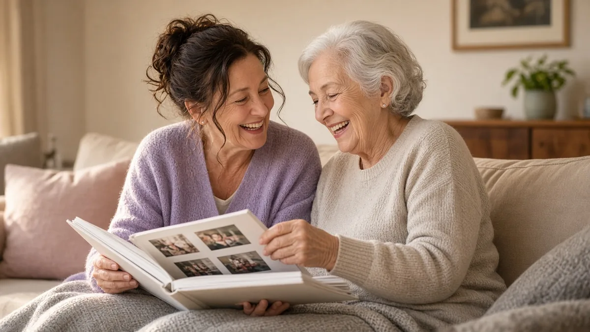 Caregiver and an older woman laughing together over a photo album on a cozy living room sofa