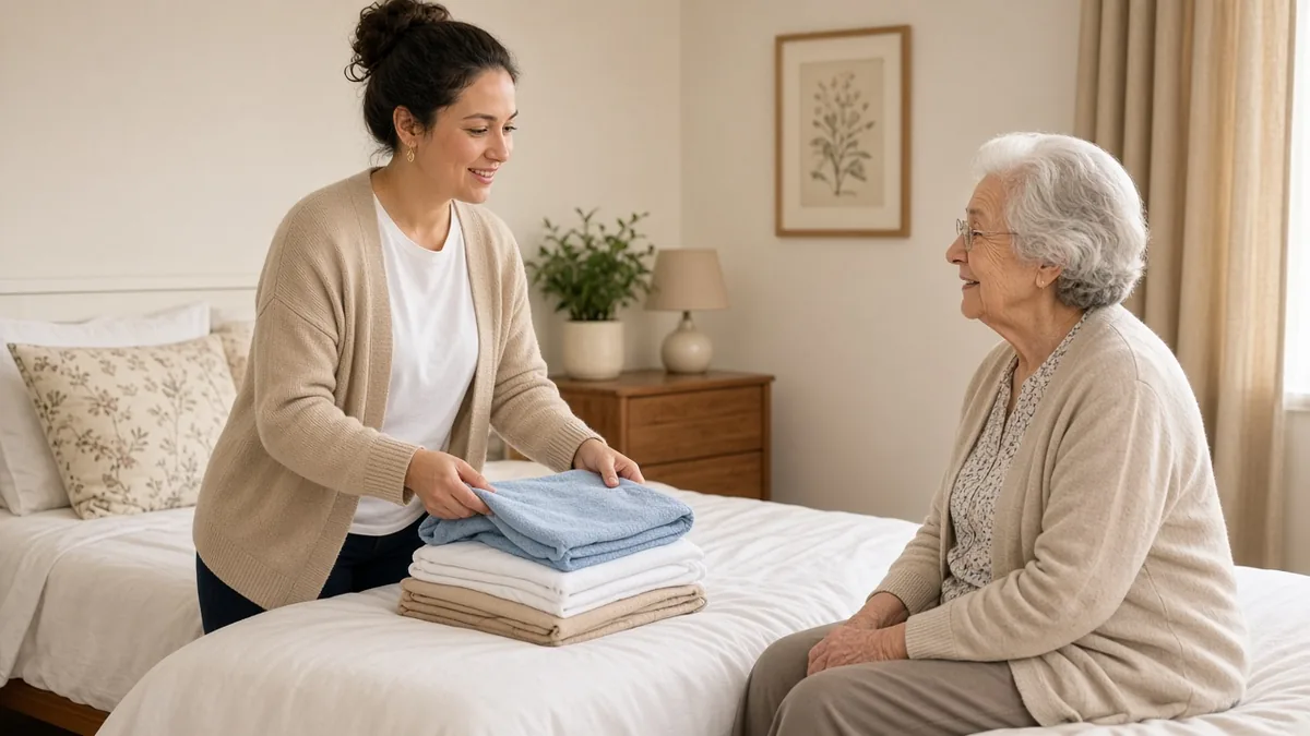Caregiver folding fresh laundry on a made bed while an older woman sits nearby chatting