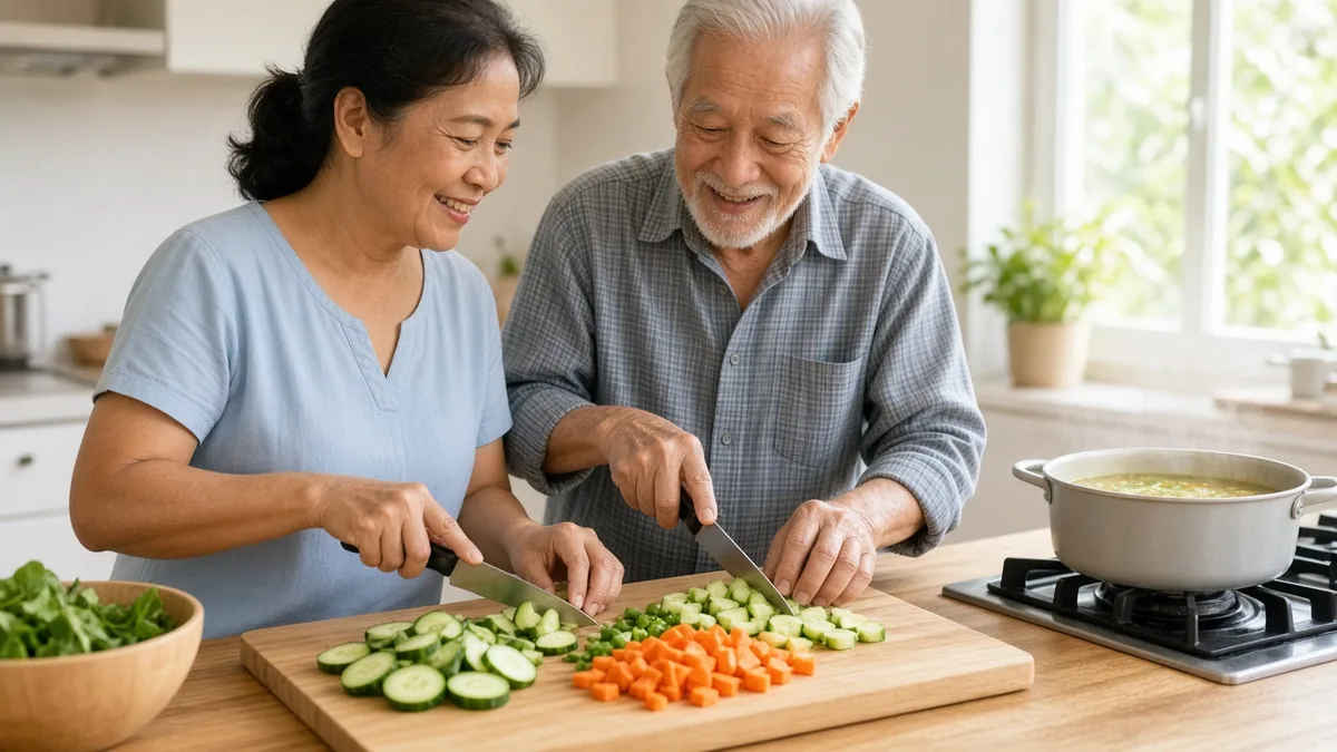 Caregiver and an older man chopping fresh vegetables together beside a simmering pot in a bright kitchen