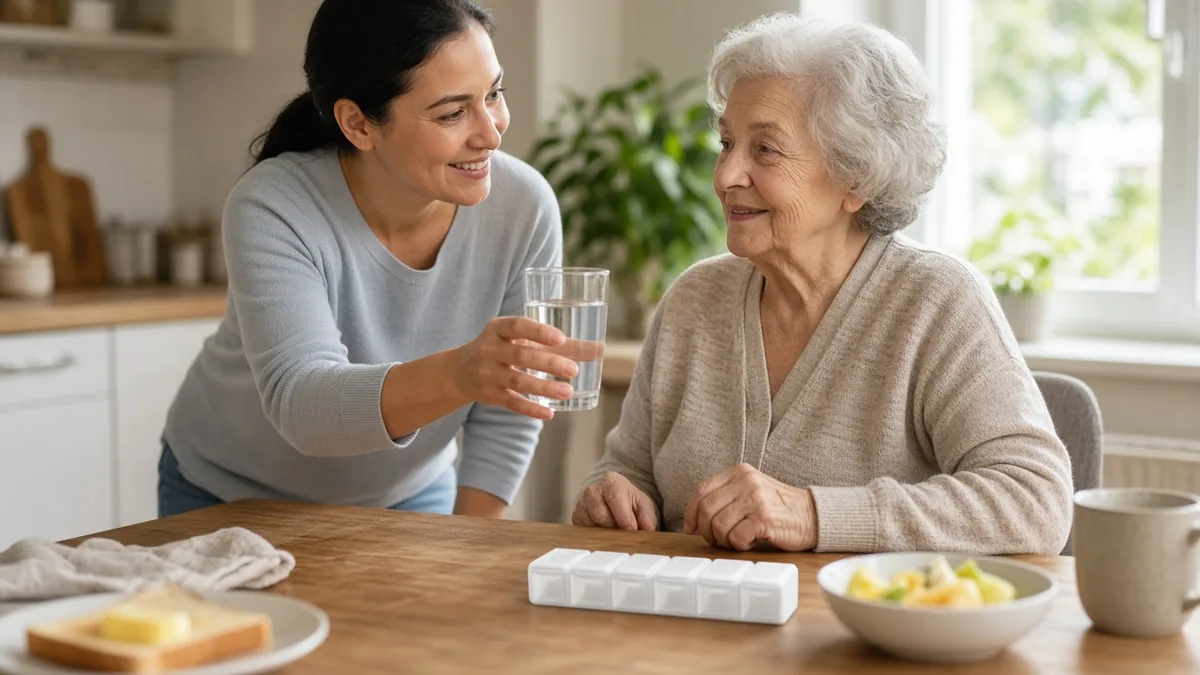 Caregiver handing a glass of water to a smiling older woman at the kitchen table, a weekly pill organizer beside her