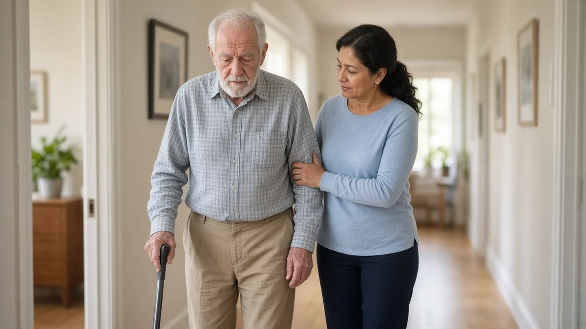 Caregiver walking arm in arm beside an older man using a cane down a sunlit hallway