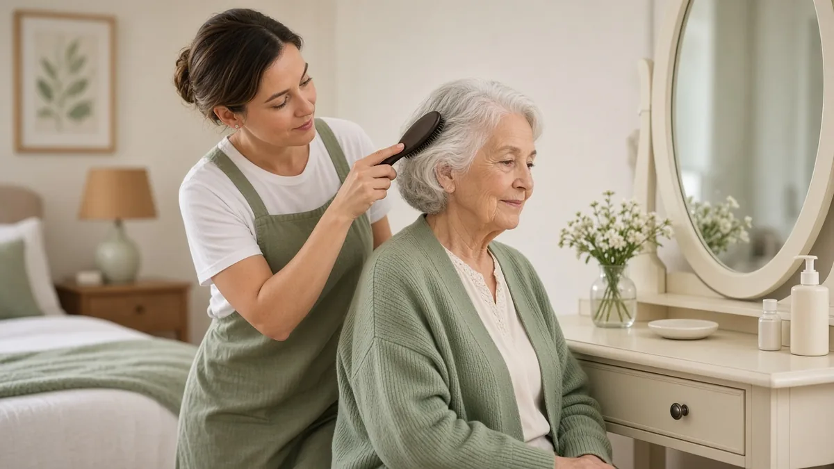 Caregiver gently brushing an older woman’s hair at a bedroom vanity