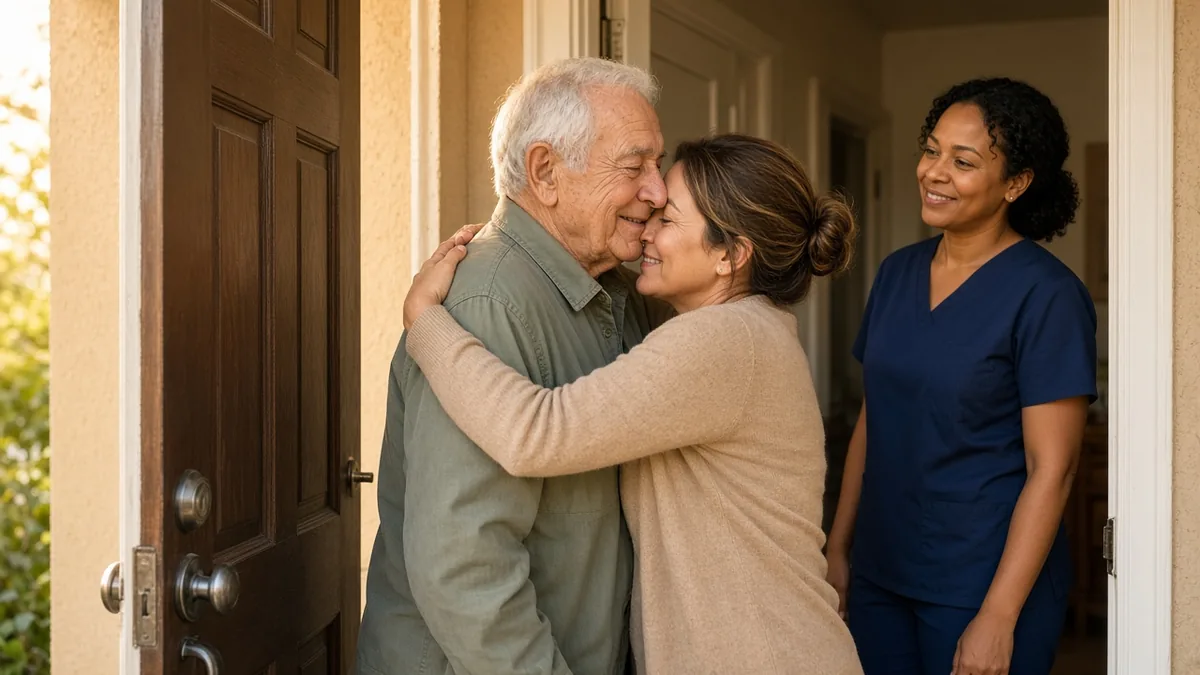 Older man hugging a family member at the front door while a smiling caregiver in navy scrubs looks on