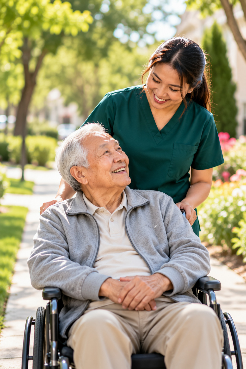 Caregiver smiling with an older adult using a wheelchair outdoors in a sunny garden
