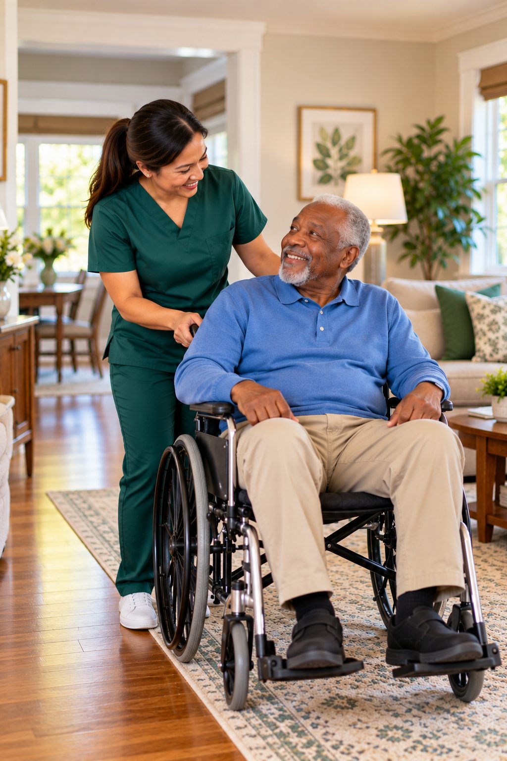 Caregiver in green scrubs assisting a smiling Black senior in a wheelchair at home