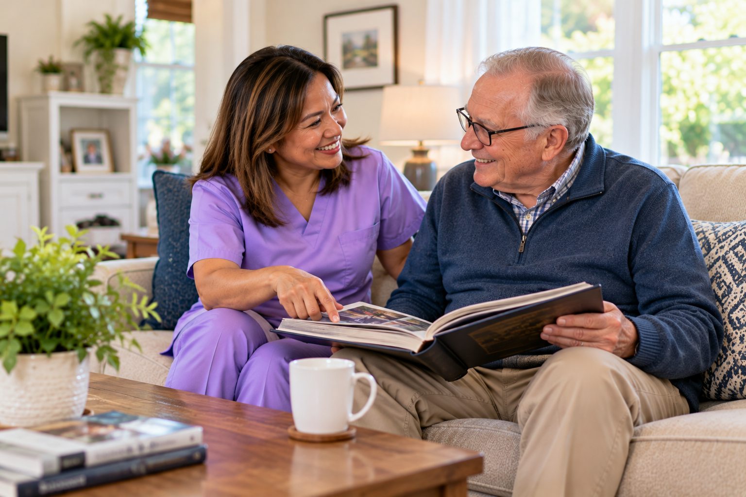Caregiver assisting an older adult with companionship