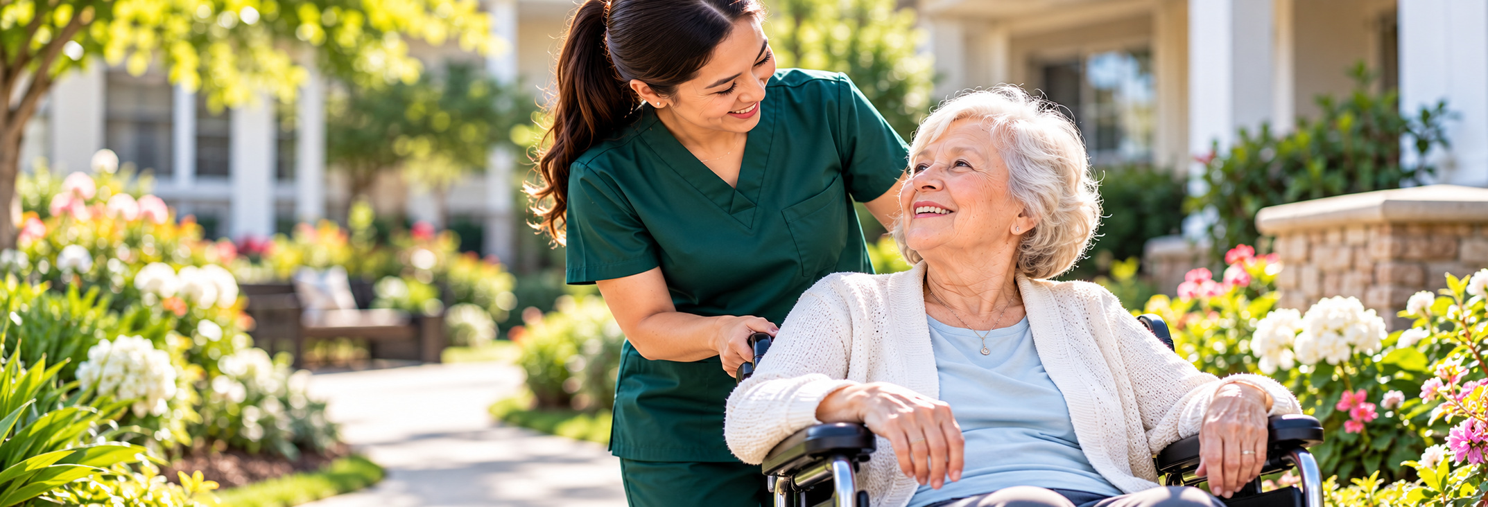 Female caregiver assisting a smiling elderly woman in a wheelchair outdoors