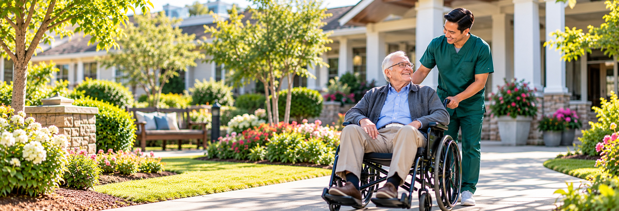 Male caregiver assisting a smiling elderly man in a wheelchair outdoors