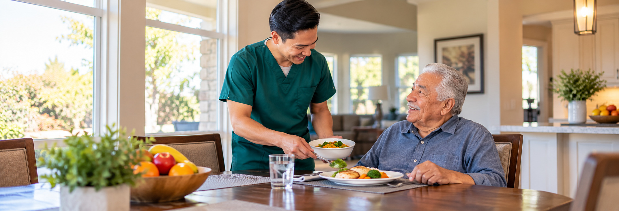 Male caregiver serving a healthy meal to an elderly man at home