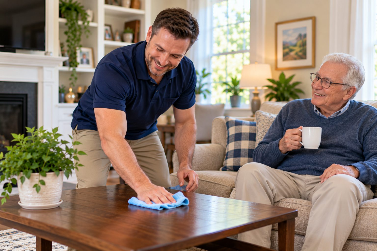 Caregiver assisting an older adult with light housekeeping