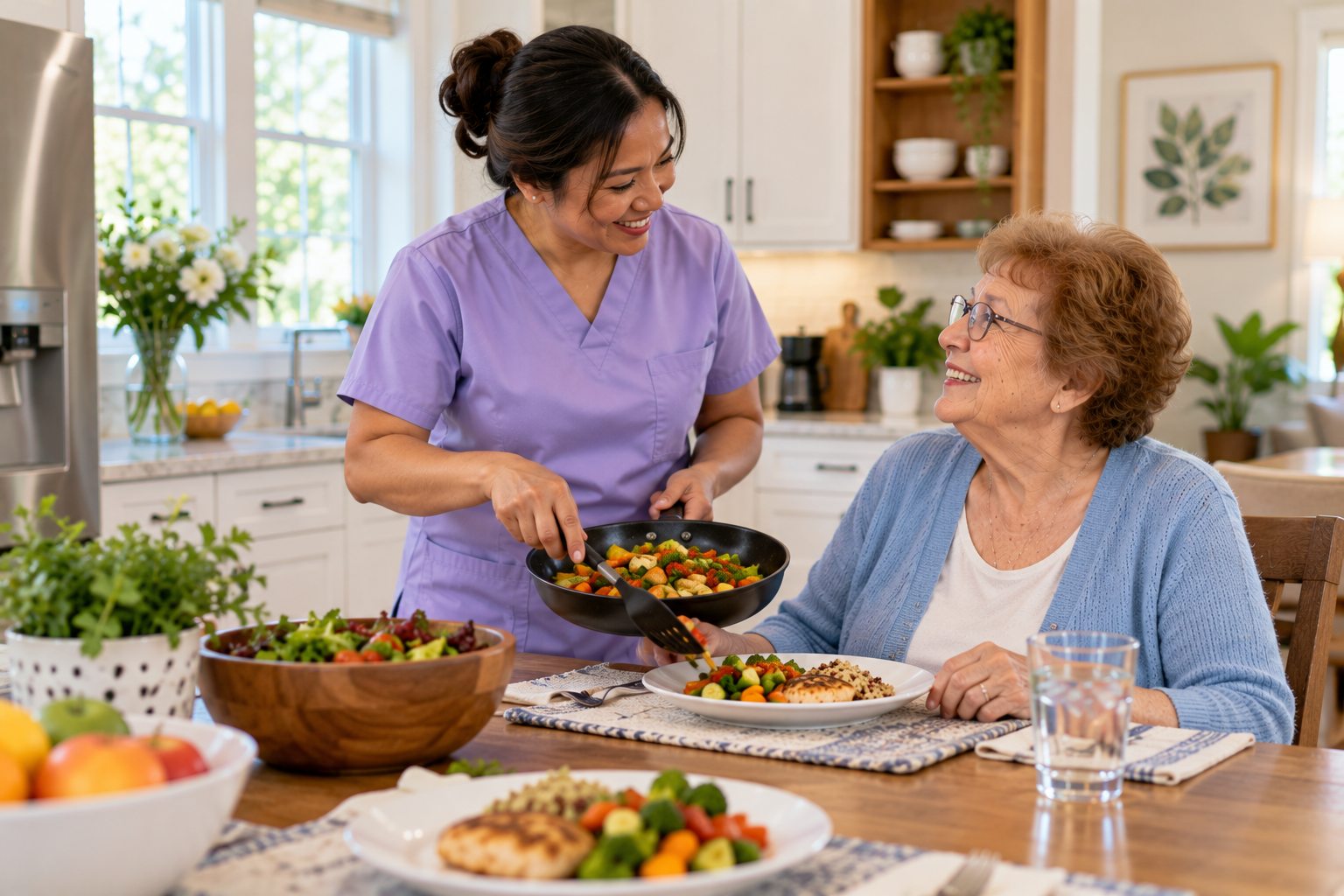 Caregiver assisting an older adult with meal preparation