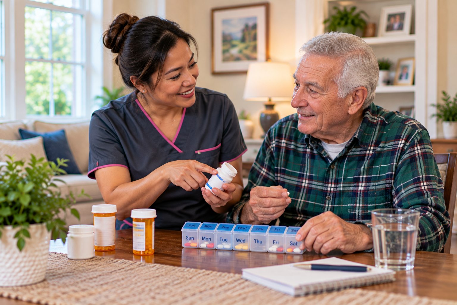 Caregiver assisting an older adult with medication reminders