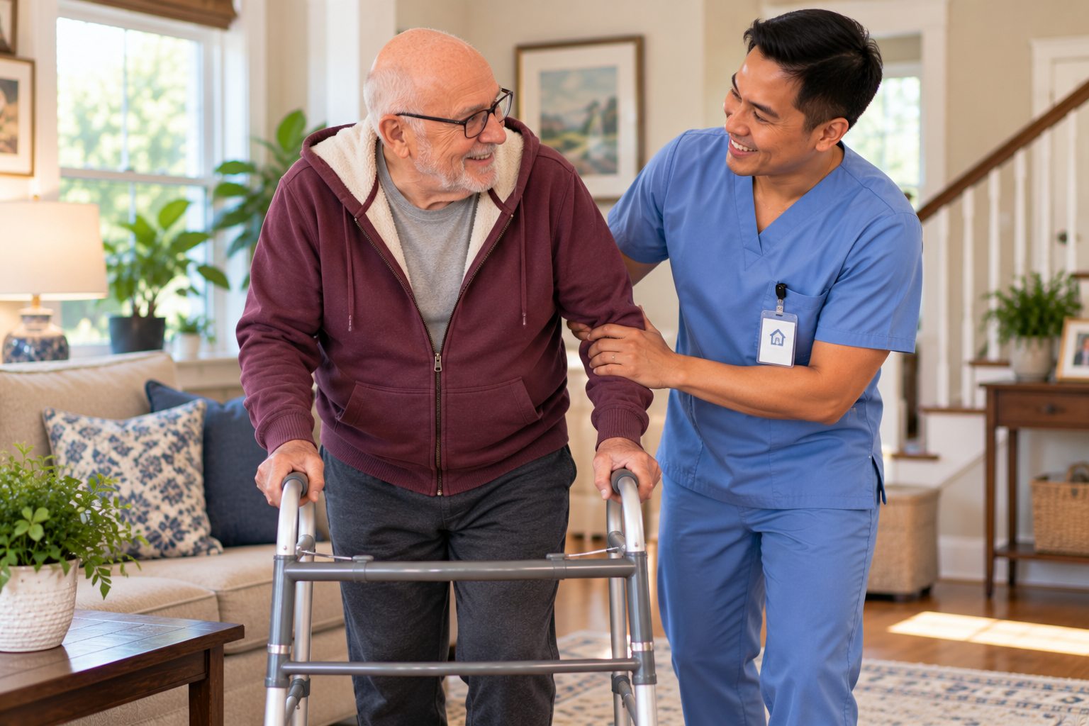 Caregiver assisting an older adult with mobility assistance
