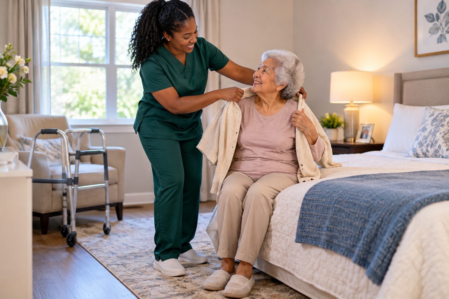 Caregiver assisting an older adult with personal care assistance